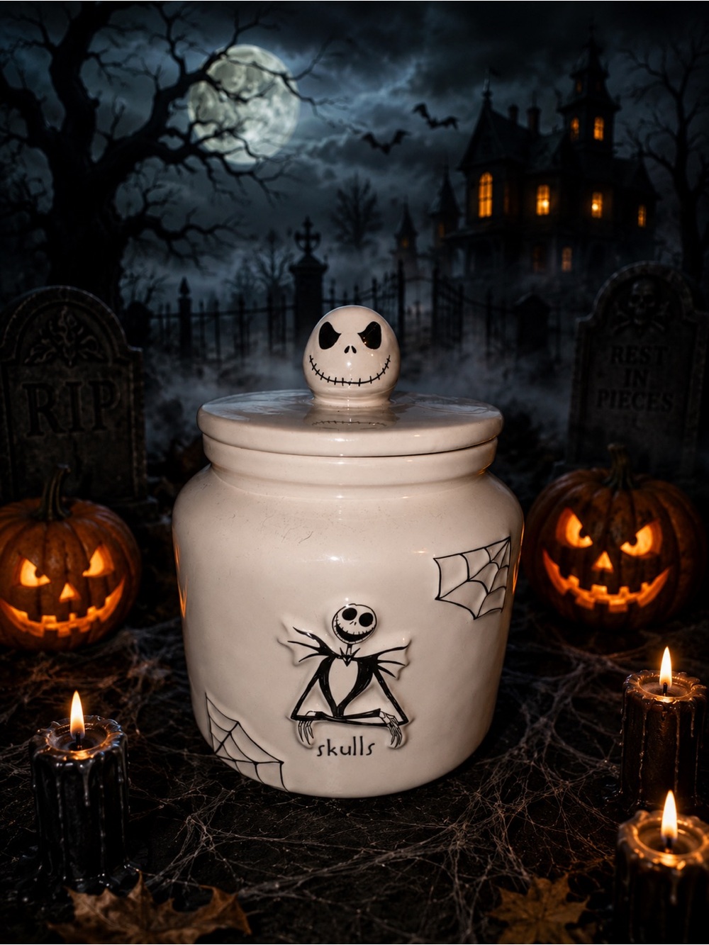 Rae Dunn White Halloween Jack Skellington Cookie Jar